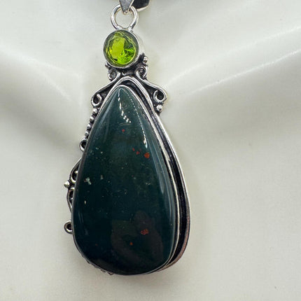 Vintage Green Bloodstone Choker Necklace - Bronze and Silver Finish Black Velvet Ribbon Design