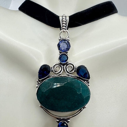 Vintage Green Chrysoprase Choker Necklace - Bronze and Silver Finish Black Velvet Ribbon Design