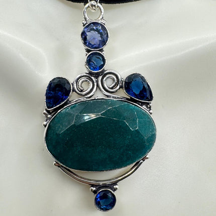 Vintage Green Chrysoprase Choker Necklace - Bronze and Silver Finish Black Velvet Ribbon Design