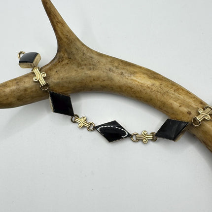 Vintage Black Onyx Bracelet: Gold Filled Bezel, Dainty Stackable