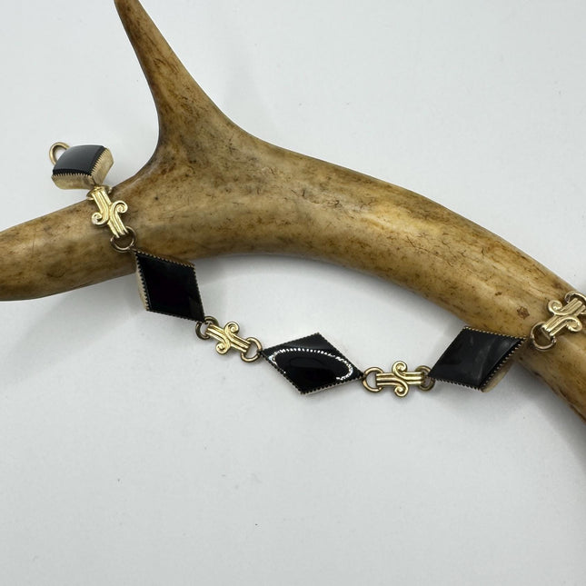 Vintage Black Onyx Bracelet: Gold Filled Bezel, Dainty Stackable
