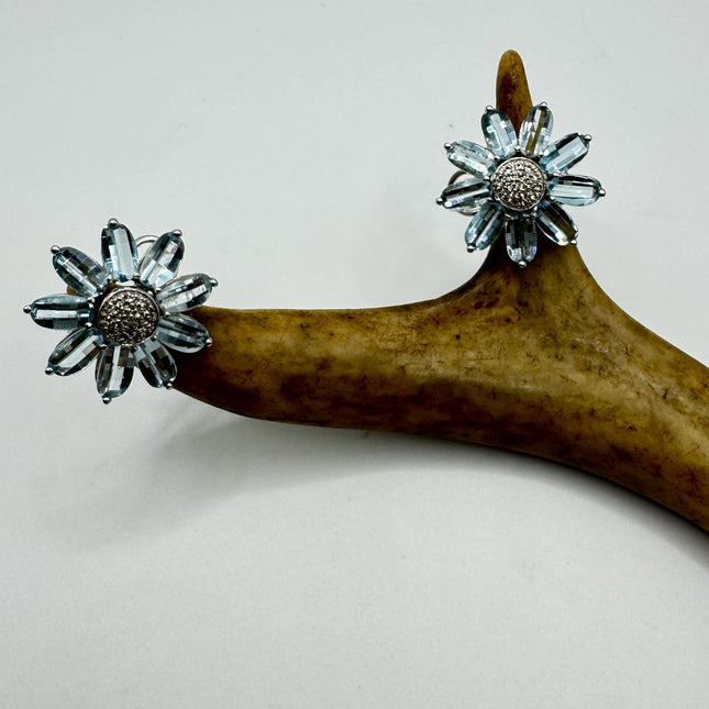 Vintage Blue Topaz Flower Earrings: Sterling Silver Studs