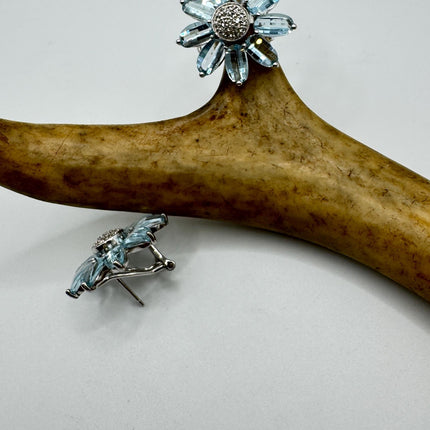 Vintage Blue Topaz Flower Earrings: Sterling Silver Studs