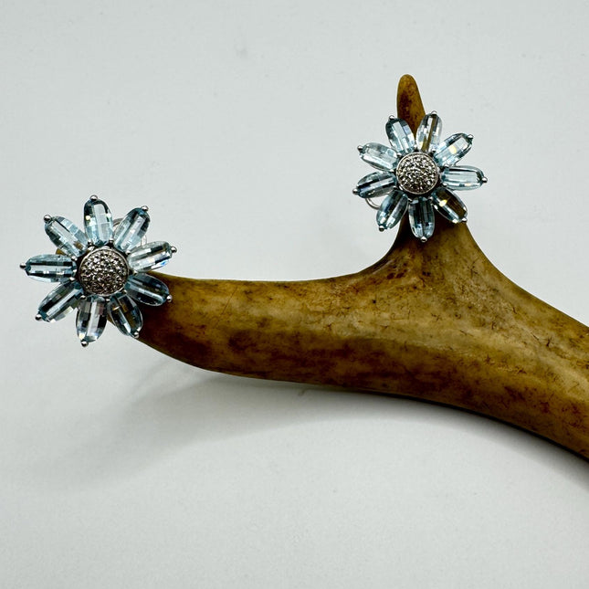 Vintage Blue Topaz Flower Earrings: Sterling Silver Studs