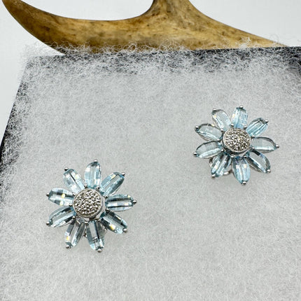 Vintage Blue Topaz Flower Earrings: Sterling Silver Studs