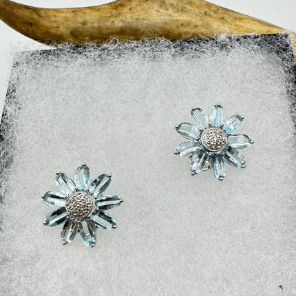 Vintage Blue Topaz Flower Earrings: Sterling Silver Studs