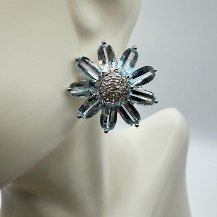 Vintage Blue Topaz Flower Earrings: Sterling Silver Studs