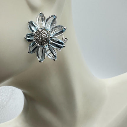Vintage Blue Topaz Flower Earrings: Sterling Silver Studs