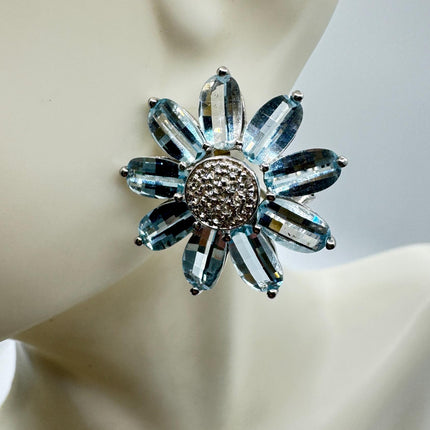 Vintage Blue Topaz Flower Earrings: Sterling Silver Studs