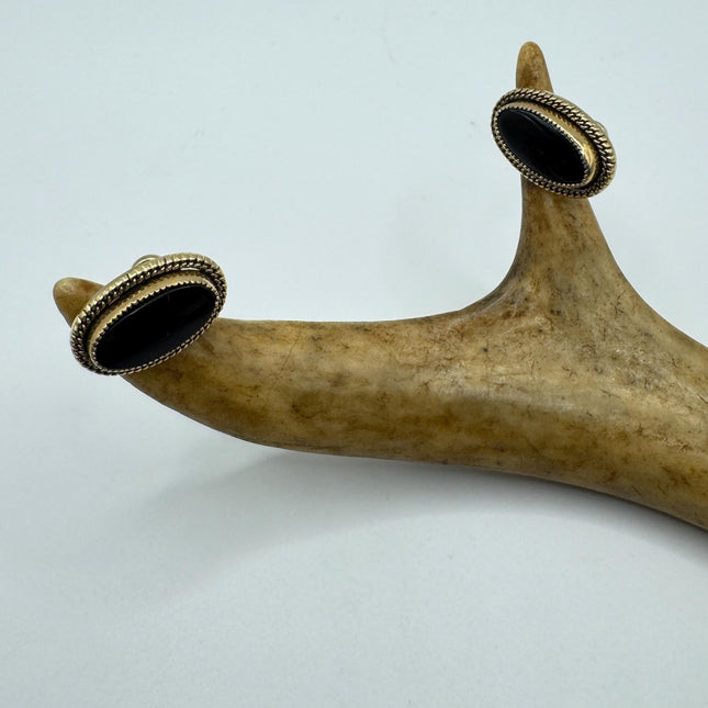 Vintage Black Onyx Screw Clip-On Earrings: Gold Filled Swirl Deco