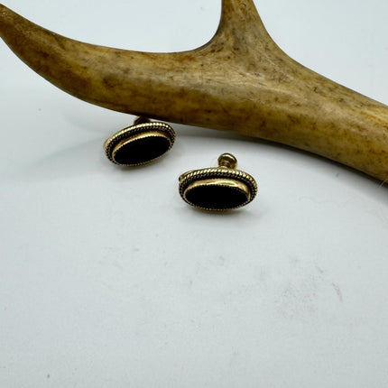 Vintage Black Onyx Screw Clip-On Earrings: Gold Filled Swirl Deco