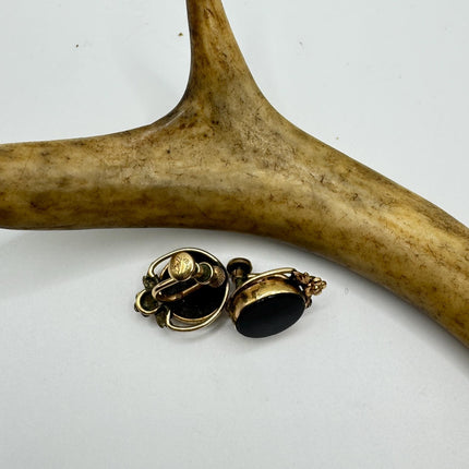 Vintage Black Onyx Screw Clip-On Earrings: Gold Filled Swirl Deco