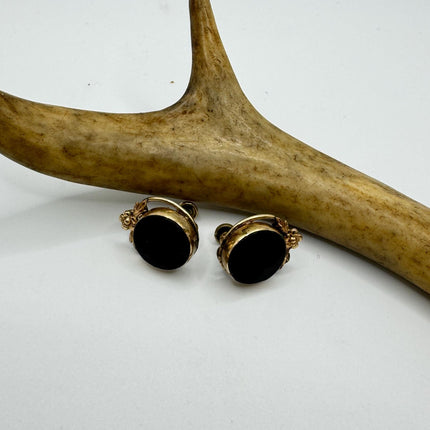 Vintage Black Onyx Screw Clip-On Earrings: Gold Filled Swirl Deco