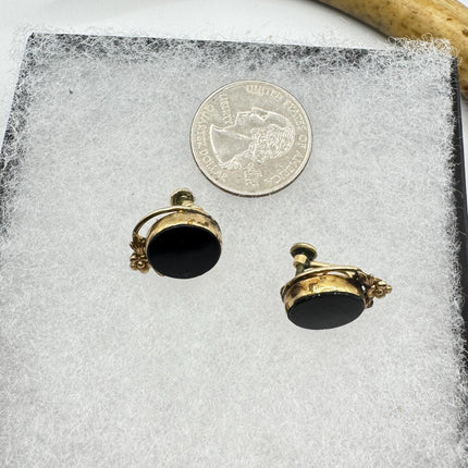 Vintage Black Onyx Screw Clip-On Earrings: Gold Filled Swirl Deco