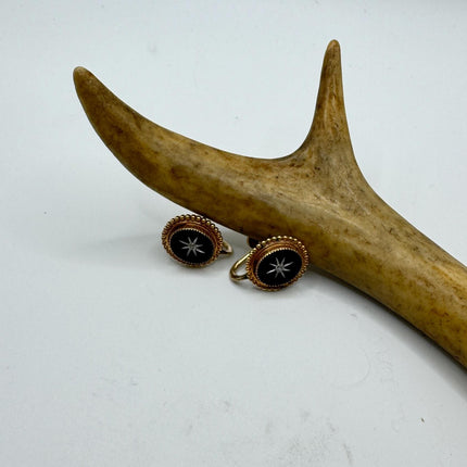 Vintage Black Onyx Screw Clip-On Earrings: Gold Filled Swirl Deco