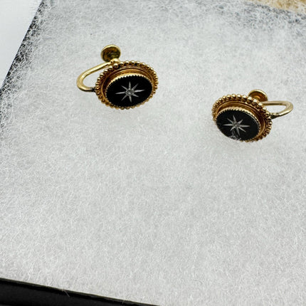 Vintage Black Onyx Screw Clip-On Earrings: Gold Filled Swirl Deco