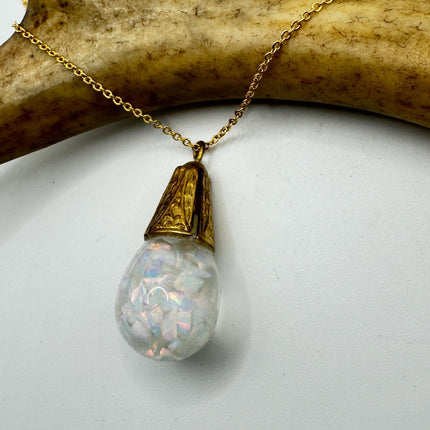 Vintage White Fire Floating Opal Necklace Gold Filled