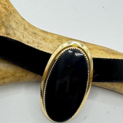 Black Onyx Brooch Pin - Vintage Gold Filled on Velvet Choker