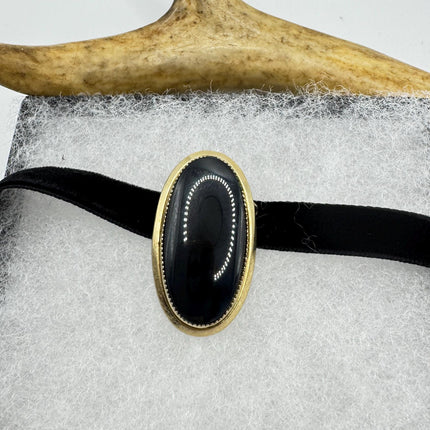 Black Onyx Brooch Pin - Vintage Gold Filled on Velvet Choker