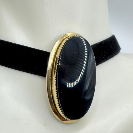 Black Onyx Brooch Pin - Vintage Gold Filled on Velvet Choker
