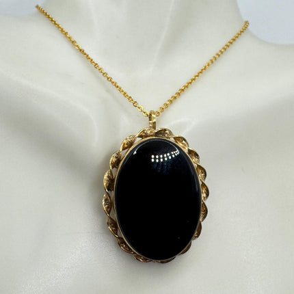 Black Onyx Brooch Pin Necklace Vintage Gold Filled on Chain