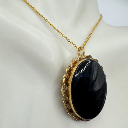 Black Onyx Brooch Pin Necklace Vintage Gold Filled on Chain