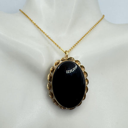 Black Onyx Brooch Pin Necklace Vintage Gold Filled on Chain