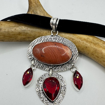 Vintage Red Jasper and Ruby Glass Silver Boho Statement Necklace Black Velvet Choker