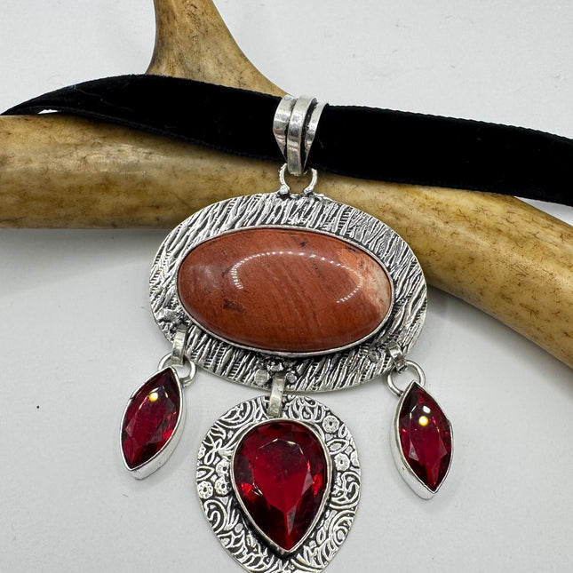 Vintage Red Jasper and Ruby Glass Silver Boho Statement Necklace Black Velvet Choker