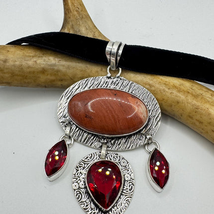 Vintage Red Jasper and Ruby Glass Silver Boho Statement Necklace Black Velvet Choker