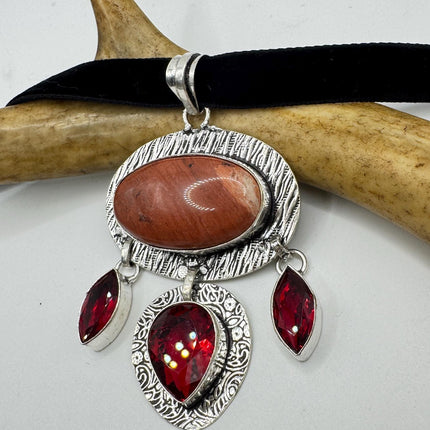 Vintage Red Jasper and Ruby Glass Silver Boho Statement Necklace Black Velvet Choker