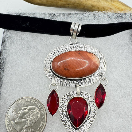 Vintage Red Jasper and Ruby Glass Silver Boho Statement Necklace Black Velvet Choker