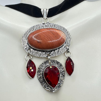 Vintage Red Jasper and Ruby Glass Silver Boho Statement Necklace Black Velvet Choker