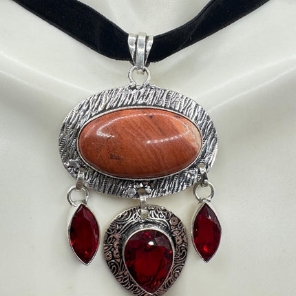 Vintage Red Jasper and Ruby Glass Silver Boho Statement Necklace Black Velvet Choker