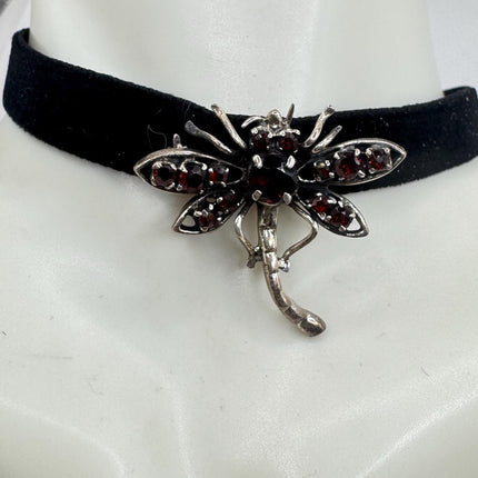 Vintage Bohemian Garnet Dragonfly Brooch Choker 925 Sterling Silver Pin