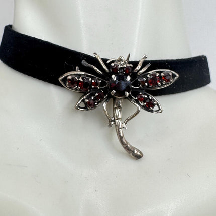 Vintage Bohemian Garnet Dragonfly Brooch Choker 925 Sterling Silver Pin