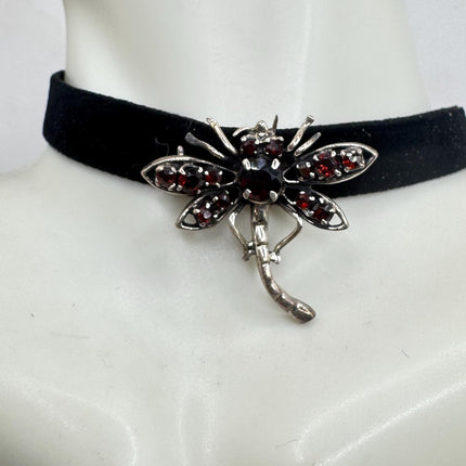Vintage Bohemian Garnet Dragonfly Brooch Choker 925 Sterling Silver Pin