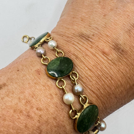 Green Jade Bracelet, Gold Filled Vintage Style (Dainty, Stackable)