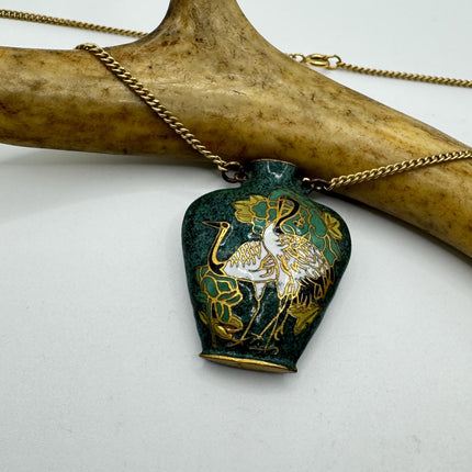 Vintage Green cloisonné enamel vase Deco Choker Necklace - Golden Bronze
