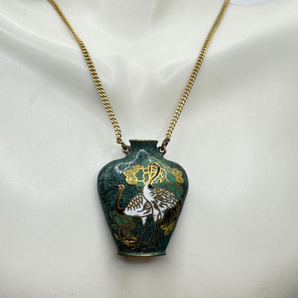 Vintage Green cloisonné enamel vase Deco Choker Necklace - Golden Bronze