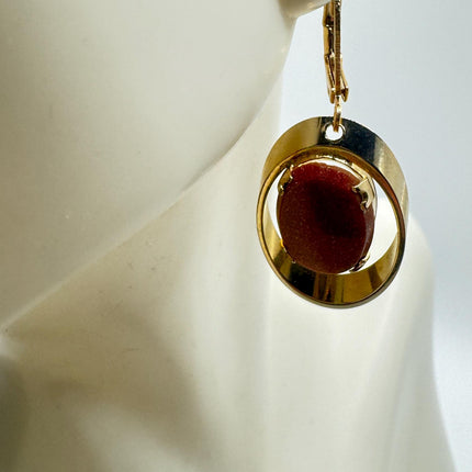 Vintage Goldstone Earrings Dangle Lever Back Gold Filled