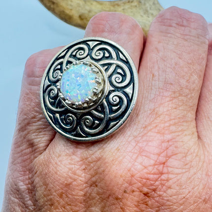 Vintage White Fire Opal 925 Sterling Silver Statement Ring