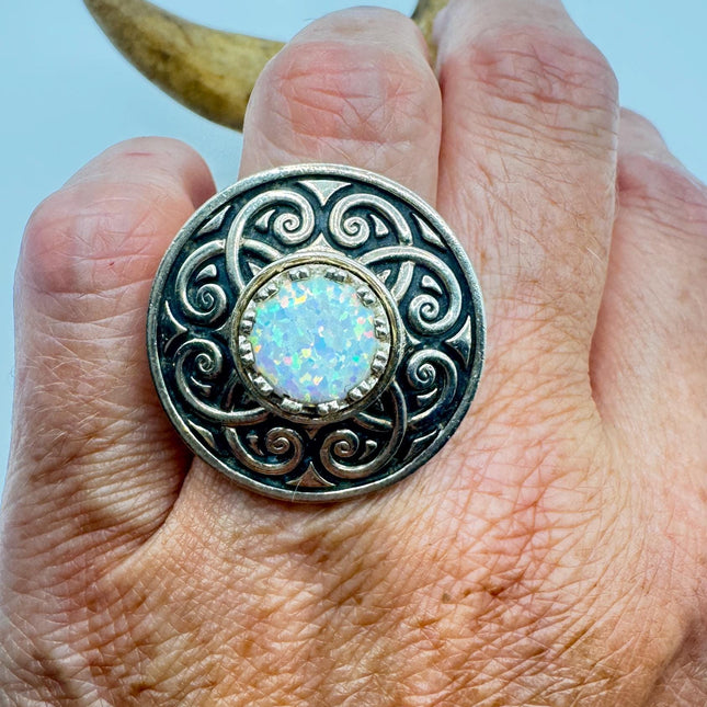 Vintage White Fire Opal 925 Sterling Silver Statement Ring