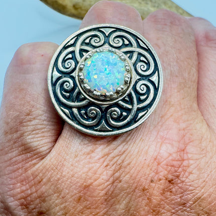 Vintage White Fire Opal 925 Sterling Silver Statement Ring