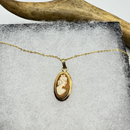 Vintage Cameo Pendant Necklace: Gold Filled Charm, Delicate Chain