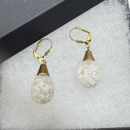 Vintage White Fire Floating Opal Earrings - Gold 925 Sterling Silver