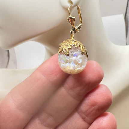 Vintage White Fire Floating Opal Earrings - Gold 925 Sterling Silver