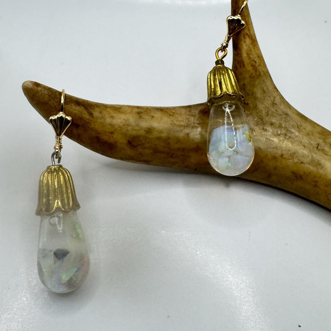 Vintage White Fire Floating Opal Earrings - Gold 925 Sterling Silver