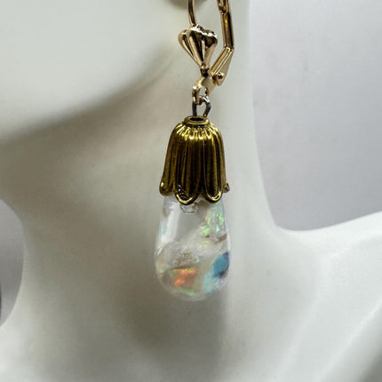Vintage White Fire Floating Opal Earrings - Gold 925 Sterling Silver