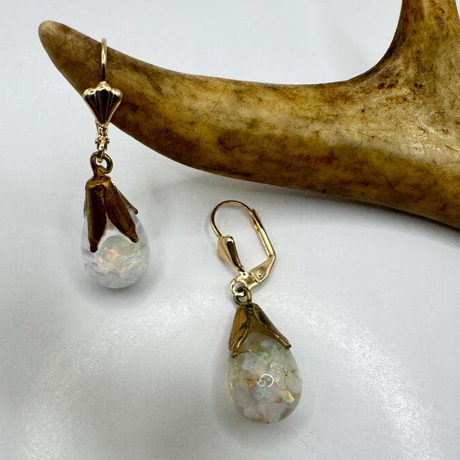 Vintage White Fire Floating Opal Earrings - Gold 925 Sterling Silver